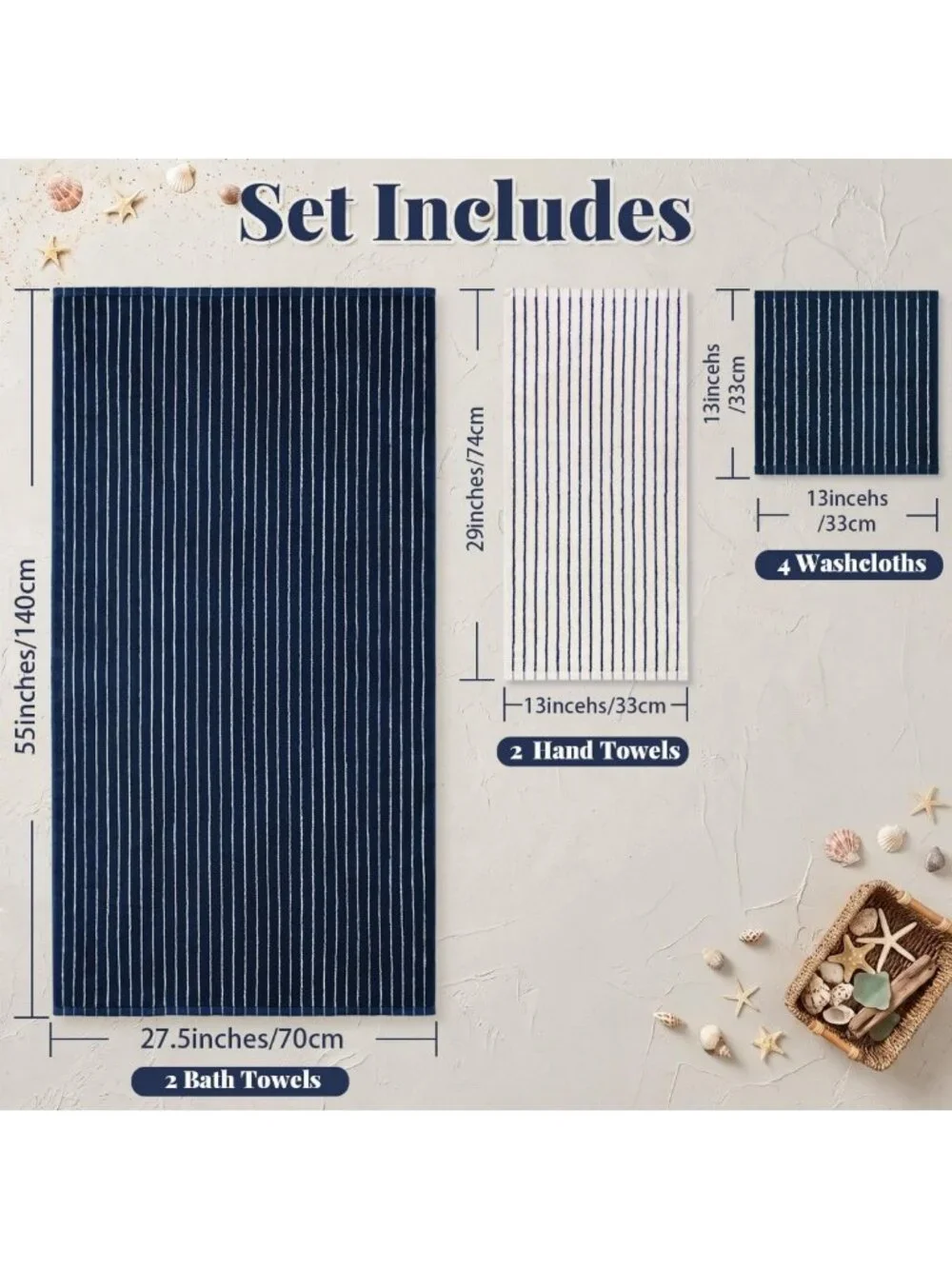 8-Piece Cotton Striped Towel Set in Navy Blue & Ivory - Soft, Absorbent Bath